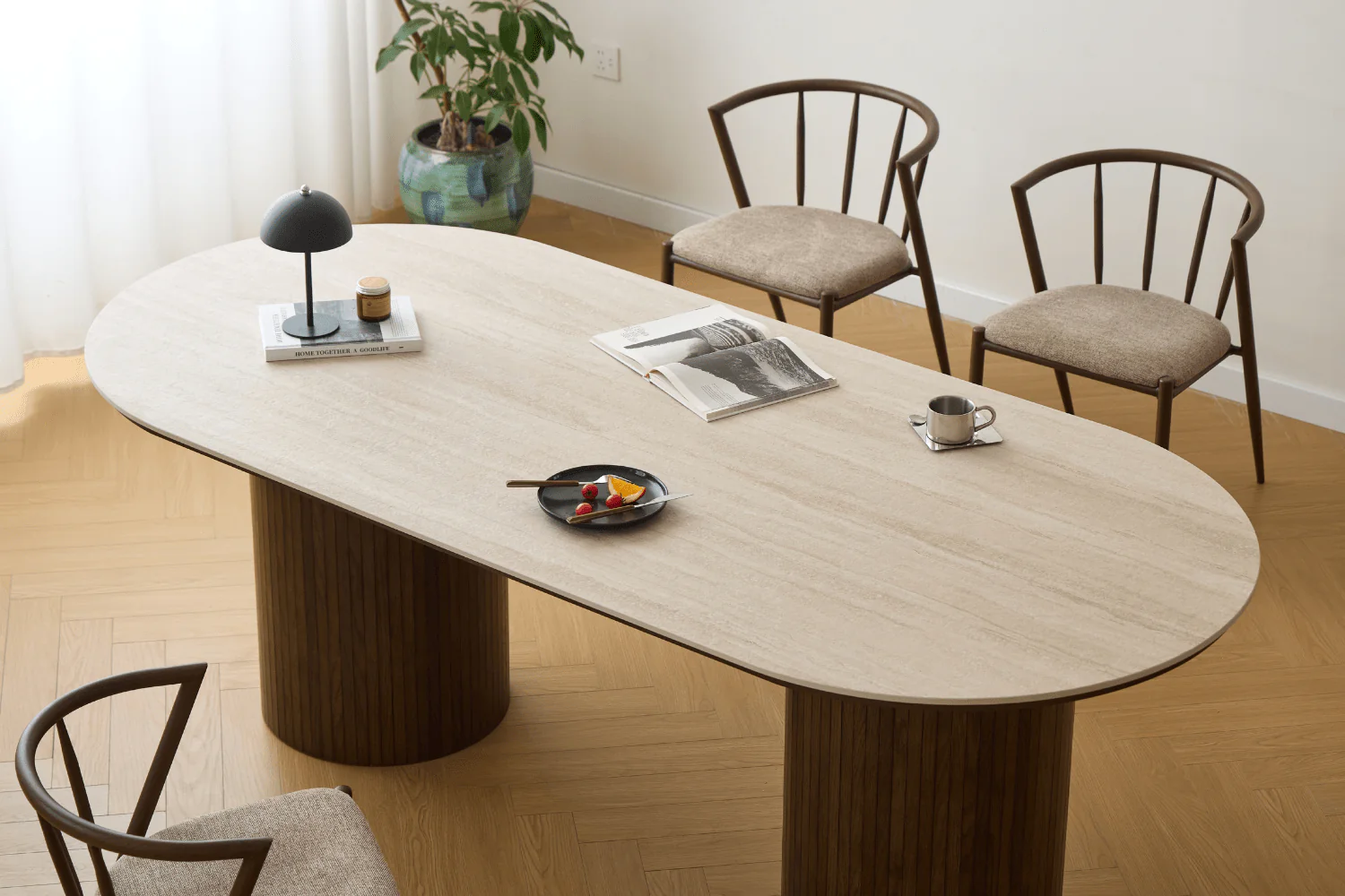 Enzo ovalt matbord med stenskiva i beige och underrede i rökt ek 220x100x76 cm - Image 8