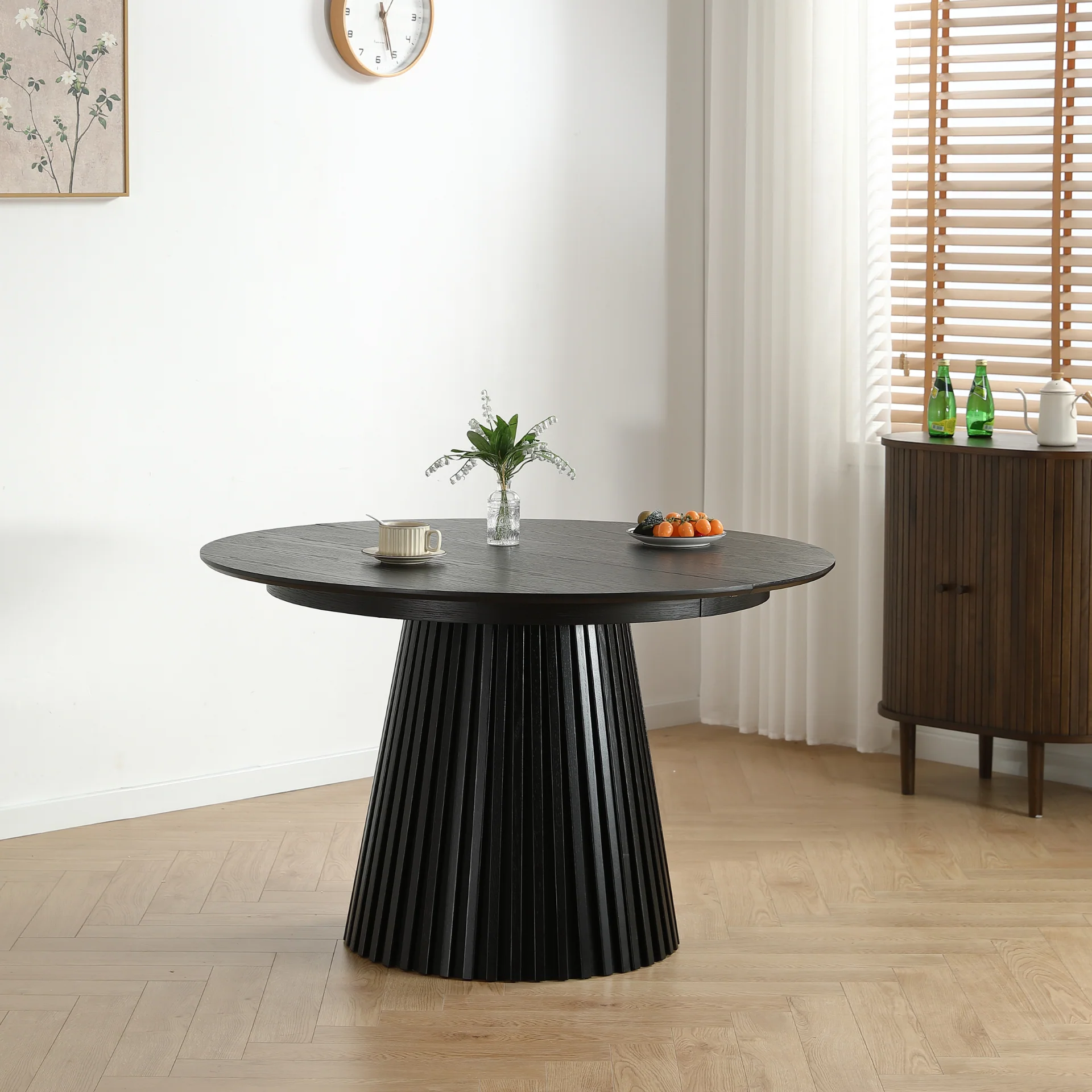 Lewis - Rundt lamellbord i svart ekfanér med utdragsfunktion 120/160/200 cm - 2 tilläggsskivor ingår - Image 3