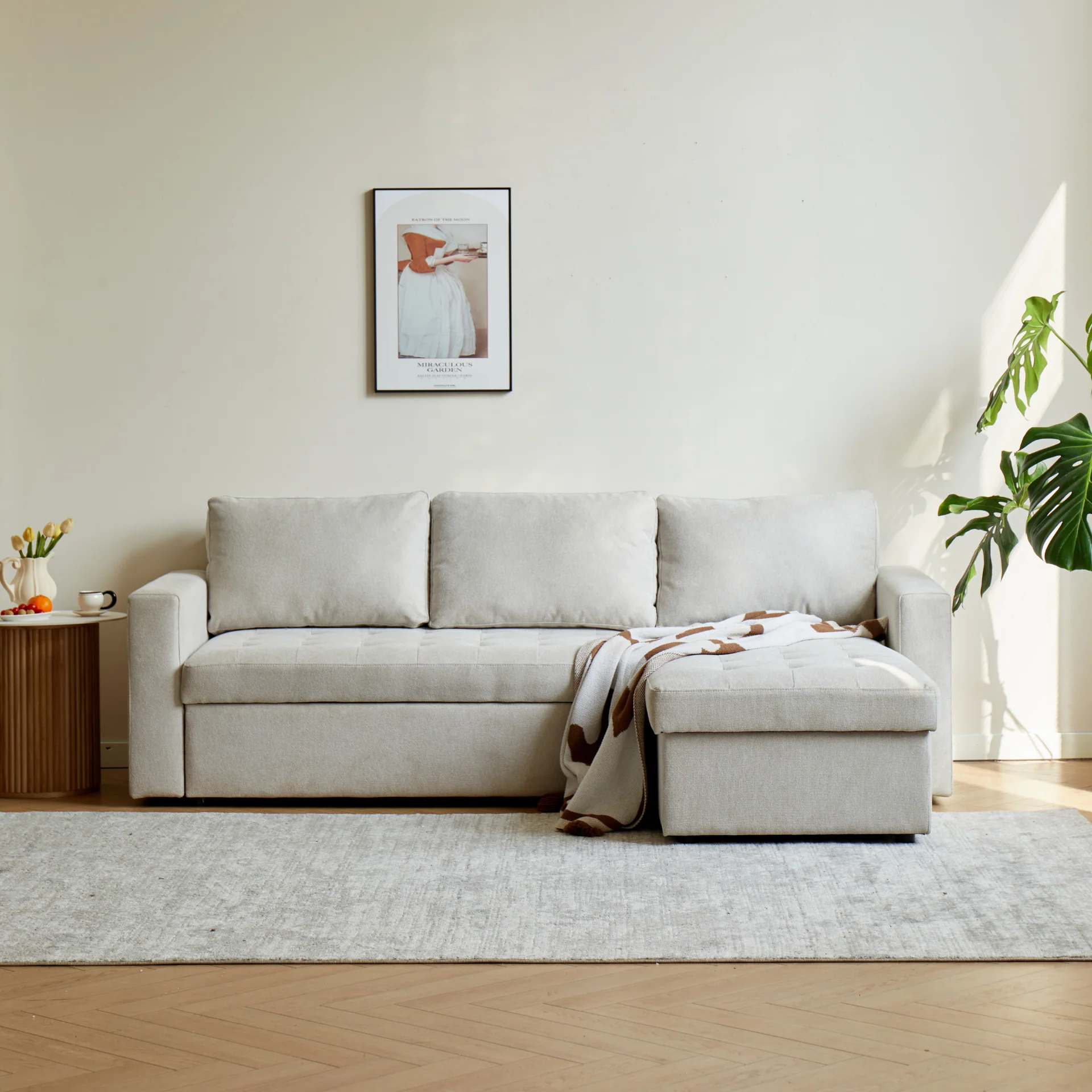 Sinus - Vändbar, bäddsoffa med schäslong och förvaring i beige - Image 2