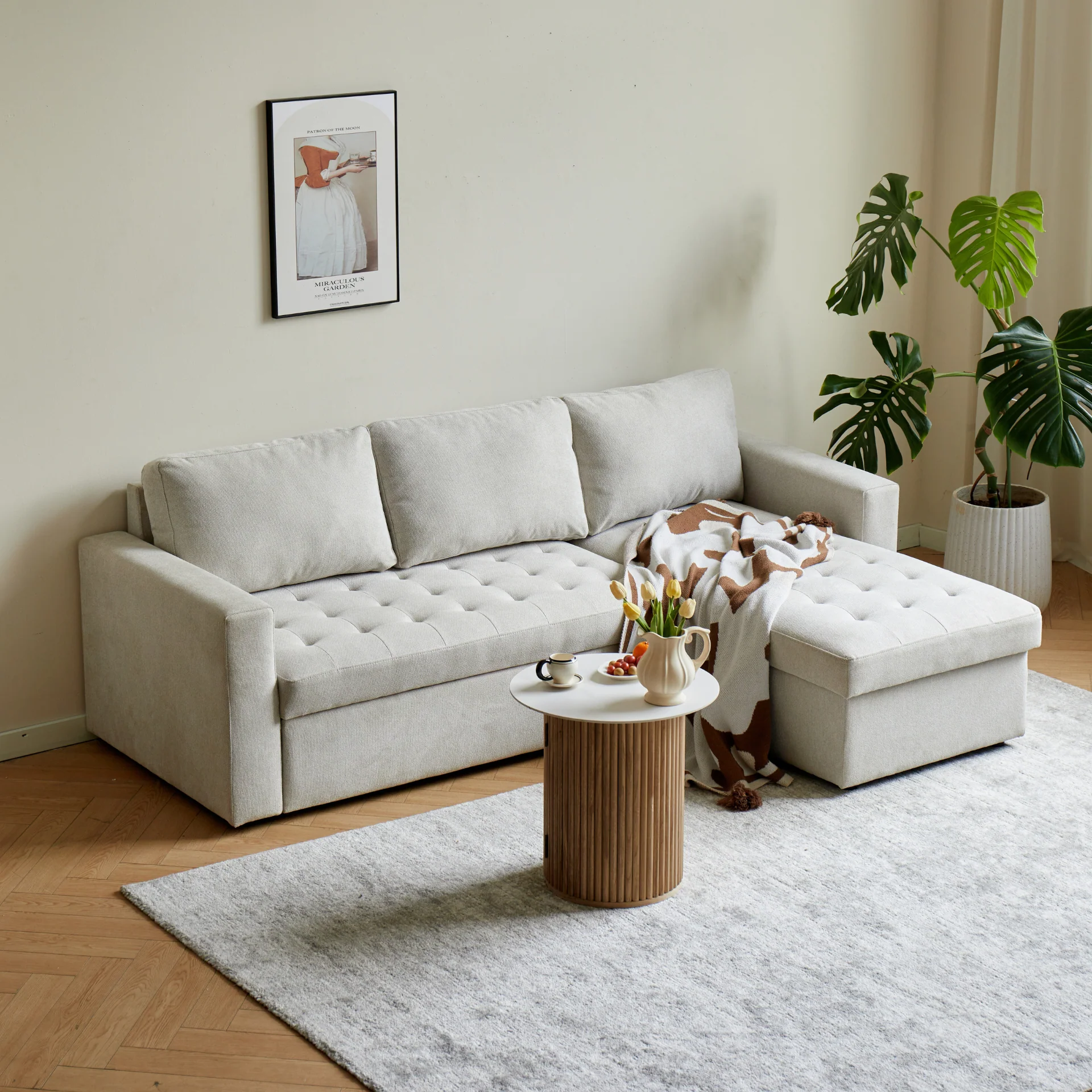 Sinus - Vändbar, bäddsoffa med schäslong och förvaring i beige - Image 4