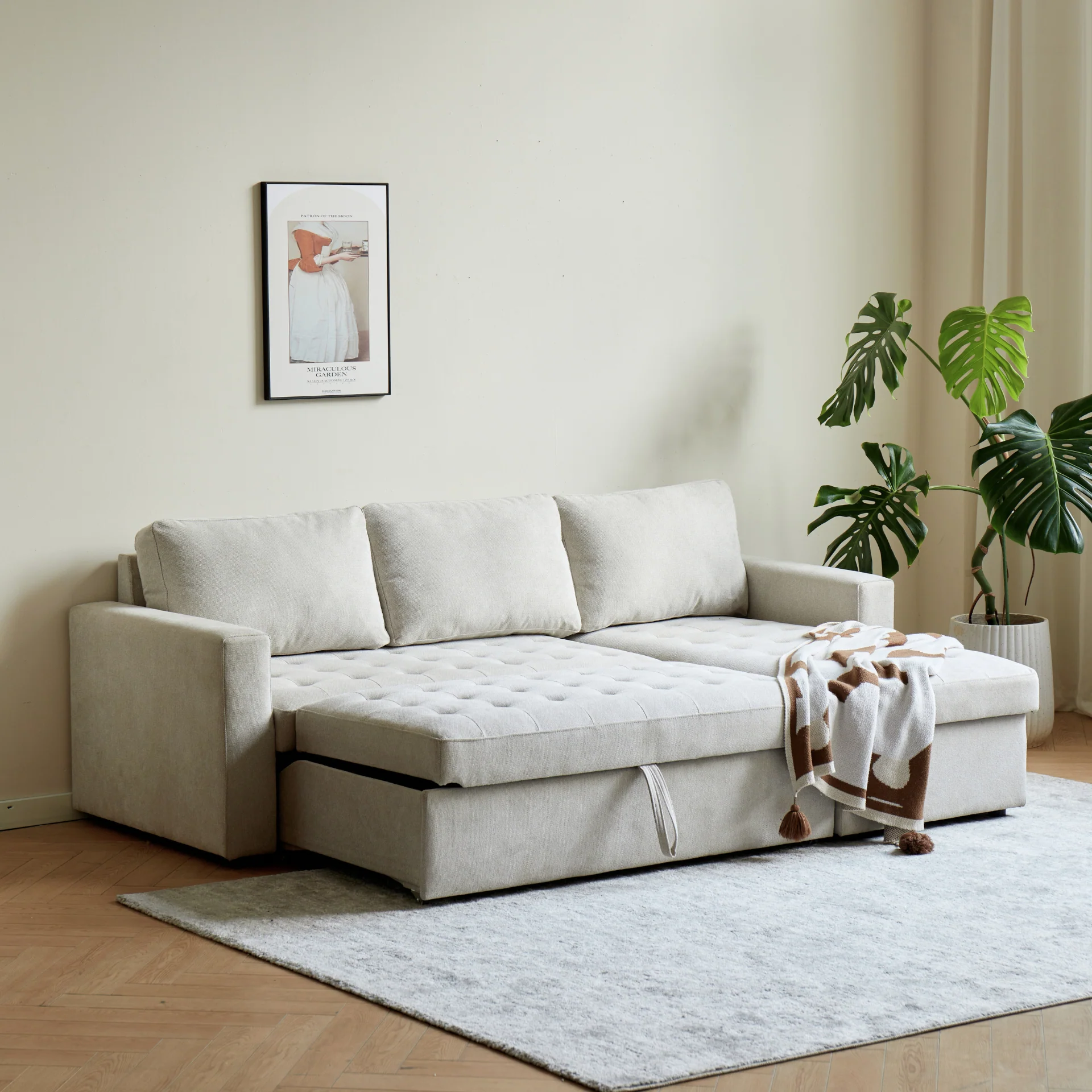 Sinus - Vändbar, bäddsoffa med schäslong och förvaring i beige - Image 5